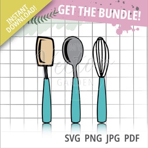 Pacote de utensílios, utensílios de cozinha svg Ferramentas de cozimento jpg Arte vetorial de culinária Espátula pdf Colher em camadas svg Imagem de um corte de utensílios para mexer wisk