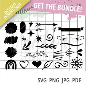 Decorative Design Elements SVG: Brush Strokes, Swirls, Stars (Digital Download)