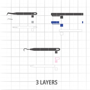Op de afbeelding: Drie lagen van een zwart gereedschap met een haak aan het ene uiteinde en een handvat aan het andere. Het gereedschap wordt getoond op een witte rasterachtergrond met de tekst "3 LAYERS" onderaan.