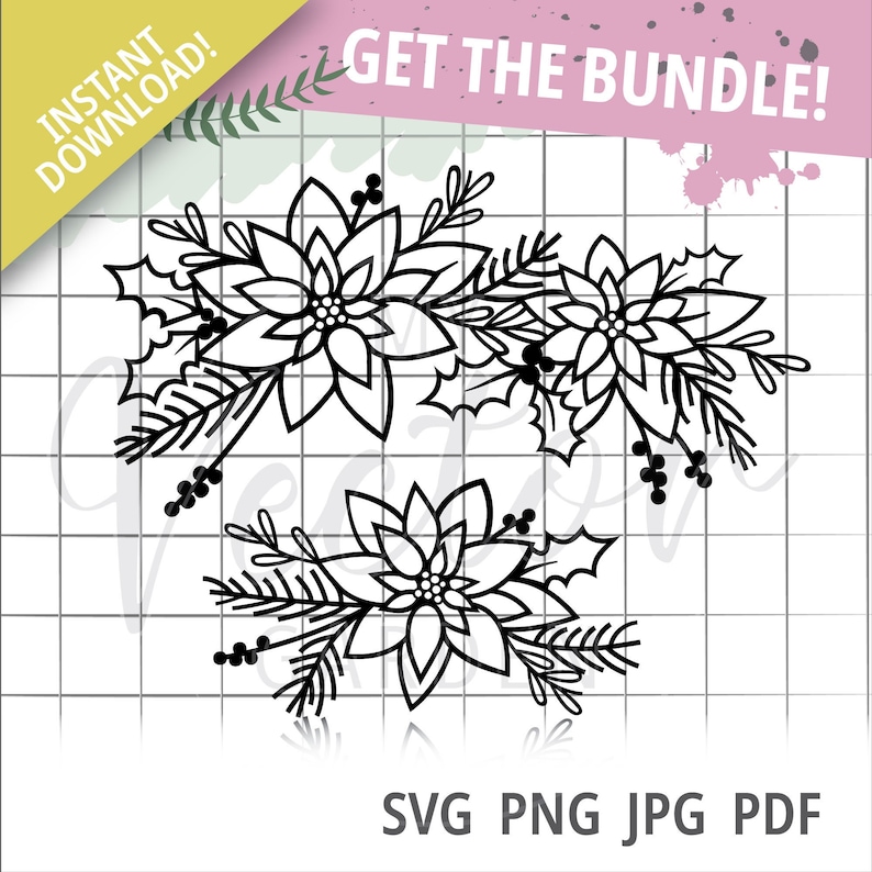 May include: Black and white digital clipart of three poinsettia flower arrangements with holly and berries.  The flowers are arranged in a cluster with leaves and stems.  The clipart is suitable for use in digital projects such as greeting cards, invitations, and social media posts.