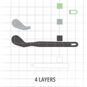 Op de afbeelding: Een gelaagde illustratie van een zwart en grijs gereedschap met een handvat en een lange, dunne mes. Het gereedschap wordt in vier lagen weergegeven, waarbij de bovenste laag een lichtgroen vierkant is, de tweede laag een grijs vierkant, de derde laag een zwart vierkant en de onderste laag een wit rechthoek. De tekst "4 LAYERS" is onder de illustratie afgedrukt.