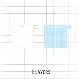 Op de afbeelding: Twee lagen snijmatten, een witte en een blauwe, met een rasterpatroon. De matten zijn ontworpen voor gebruik met een ambachtelijke snijmachine. De tekst "2 LAYERS" is onder de matten gedrukt.