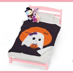 Halloween Blanket Velveteen Plush Cute Girl Trick-Or-Treating Ghost With Pumpkin Candy Bucket ~  Luxury Snuggle By Pinksprinklemagic