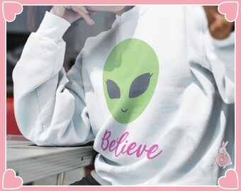 Believe Girly Alien Sweatshirt for Fall & Halloween Season Fashion | Highest Quality Gildan 18000 Unisex Sweat Shirt for Comfort
