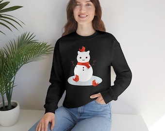 Snowman Kitty with Birds  ~ Cute and Funny Holiday Sweatshirt Gift for Mama's trendy Family Christmas! (Soft, Loose Fit, 50/50 Cotton/Poly)