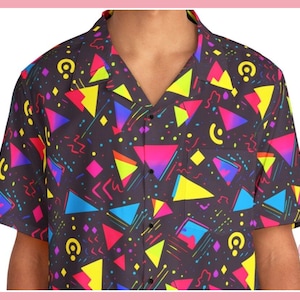 Vibrant Hawaiian Shirt | 80s Bright Colored | Geometric AOP Design | Ideal Gift for Dad, Him, Boyfriend | Beach Summer Essential