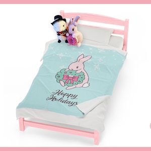 Velveteen Plush Blanket Hoppy Holidays Cute Kawaii Pink Bunny With Christmas Wreath ~  By Pinksprinklemagic. Luxury Snuggle, Cute Kawaii