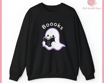Cute Ghost Reading Book Sweatshirt - Whimsical 'Boooks' Pullover - Book Lovers Comfy Black Crewneck - Literary Apparel - PinkSprinkleMagic