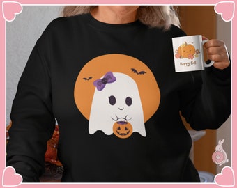 Cute Trick-or-Treating Ghost Sweatshirt for Fall & Halloween Season Fashion | Highest Quality Gildan 18000 Unisex Sweat Shirt for Comfort