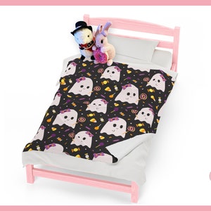 Velveteen Plush Blanket Cute Ghosts With Halloween Candy ~  By Pinksprinklemagic. Luxury Snuggle, Cute Kawaii Anime Design, Cozy Fall Fleece