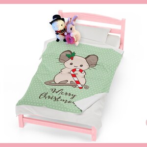 Velveteen Plush Blanket Merry Christmouse Cute Punny Mouse With Candy Cane Pastel Green ~  By Pinksprinklemagic. Luxury Snuggle, Cute Kawaii