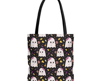 Sweet Ghost and Candy Pattern Tote Bag Weekender & School, Aesthetic Canvas, Grocery or Halloween - Unique Gifts for Teachers, Students, Her