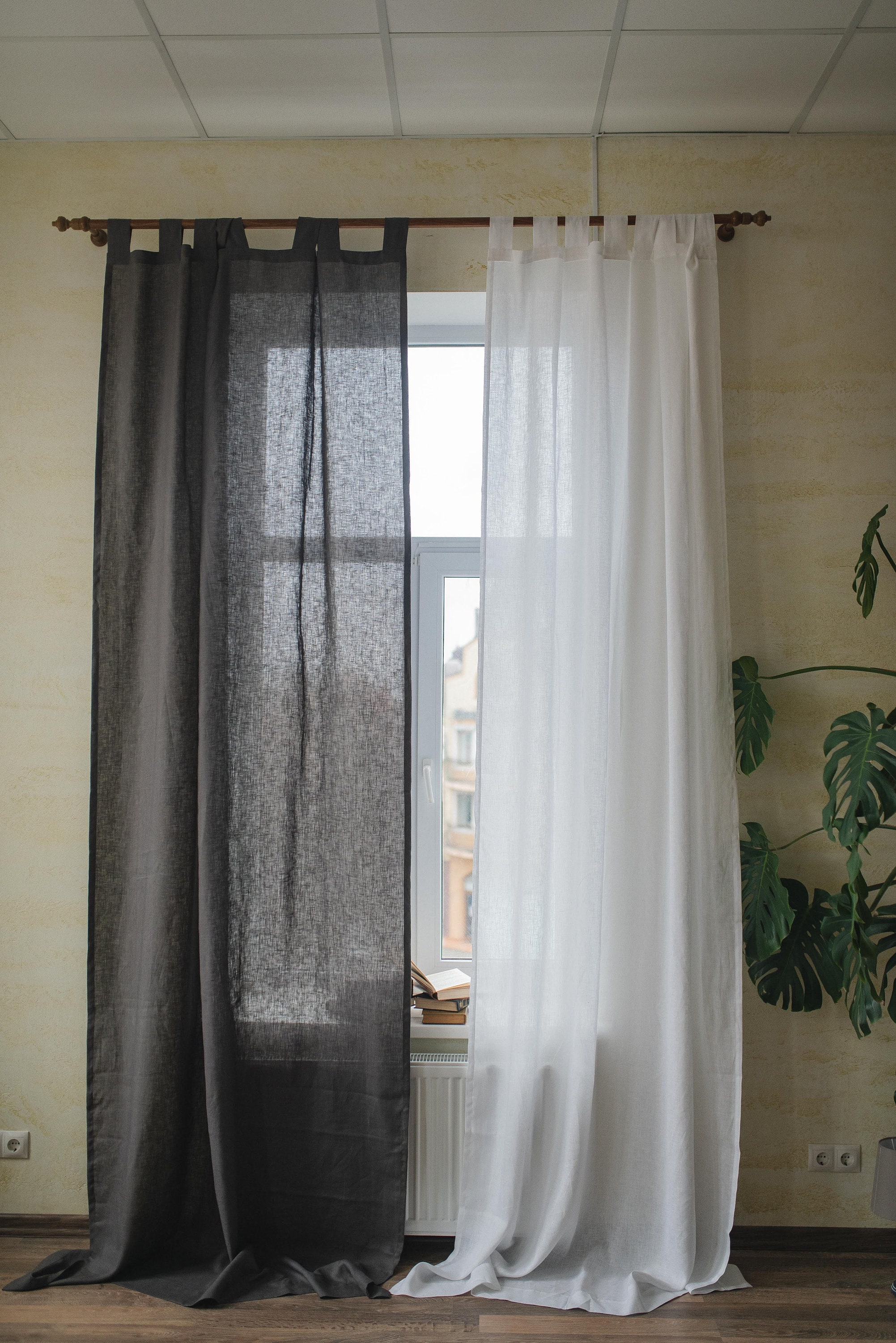 White Gray Natural Linen Tab Top Window Curtain Panel Etsy Australia