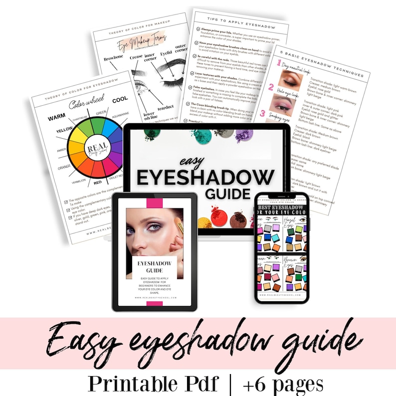 May include: A printable PDF guide with six pages on how to apply eyeshadow. The guide includes a color wheel, tips on applying eyeshadow, and basic eyeshadow techniques. The cover features a woman with eyeshadow on her eyelids.