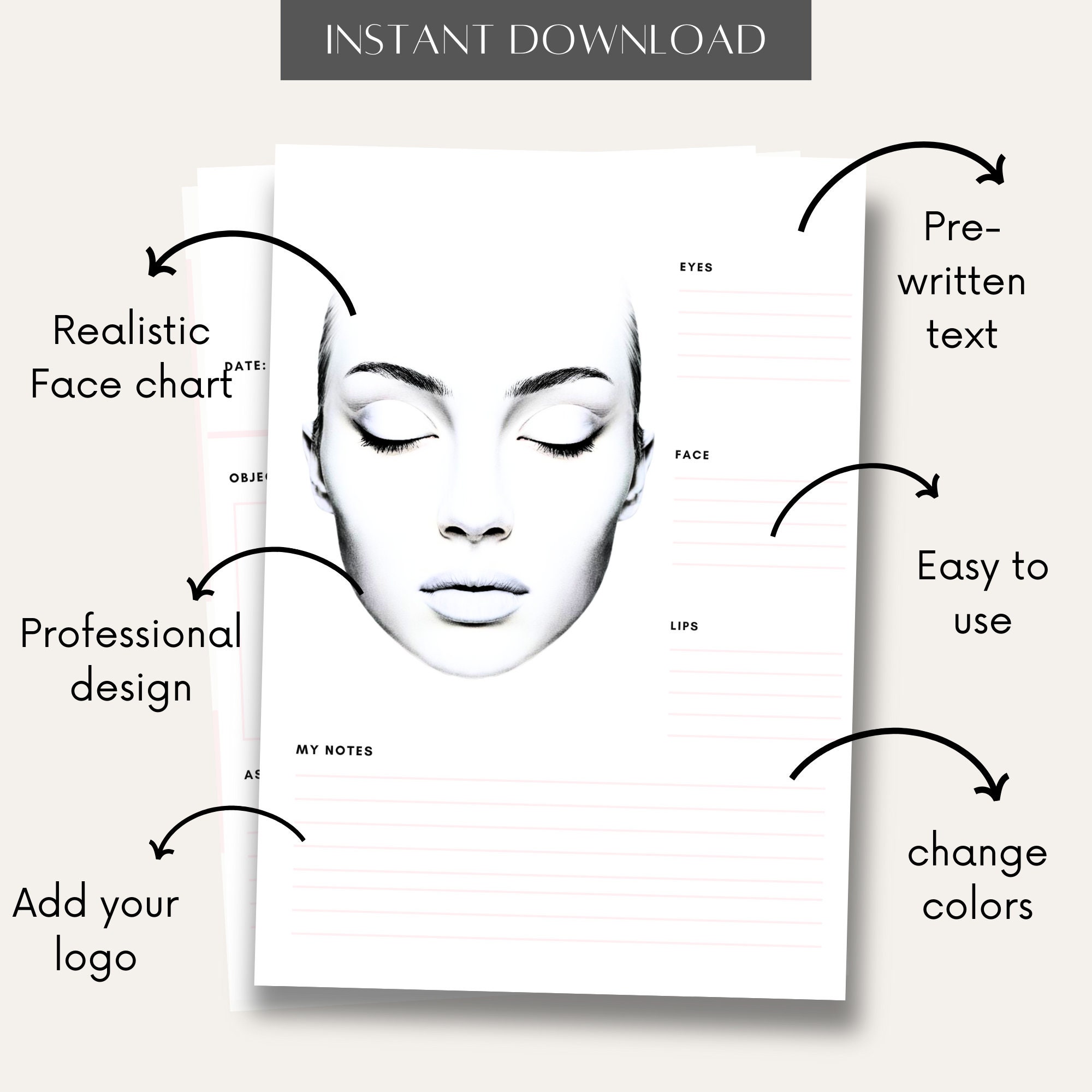 Editable Makeup Lesson Face Chart: Canva Template (printable PDF) - Etsy