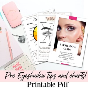 May include: Printable guide with tips and charts for applying eyeshadow. The guide includes a color wheel, a diagram of the eye with labeled areas, and a section on how to enhance eye color and shape.