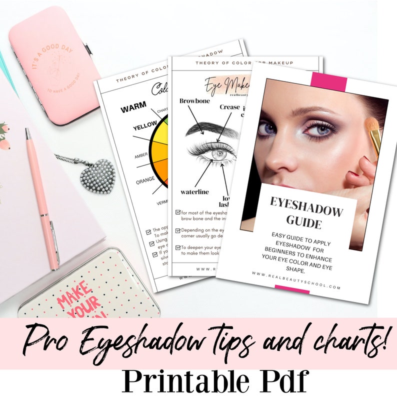 May include: Printable guide with tips and charts for applying eyeshadow. The guide includes a color wheel, a diagram of the eye with labeled areas, and a section on how to enhance eye color and shape.