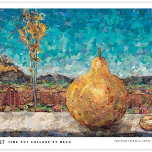 May include: A fine art collage titled "Harvest" by Deco. The artwork features a large, textured pear in shades of yellow and orange, set against a backdrop of a blue sky and a landscape with a tree. The text "FRUITION (DETAIL), SANTA FE NM / 2014" is visible.
