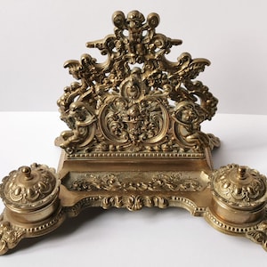 French cast brass letter rack and ink well