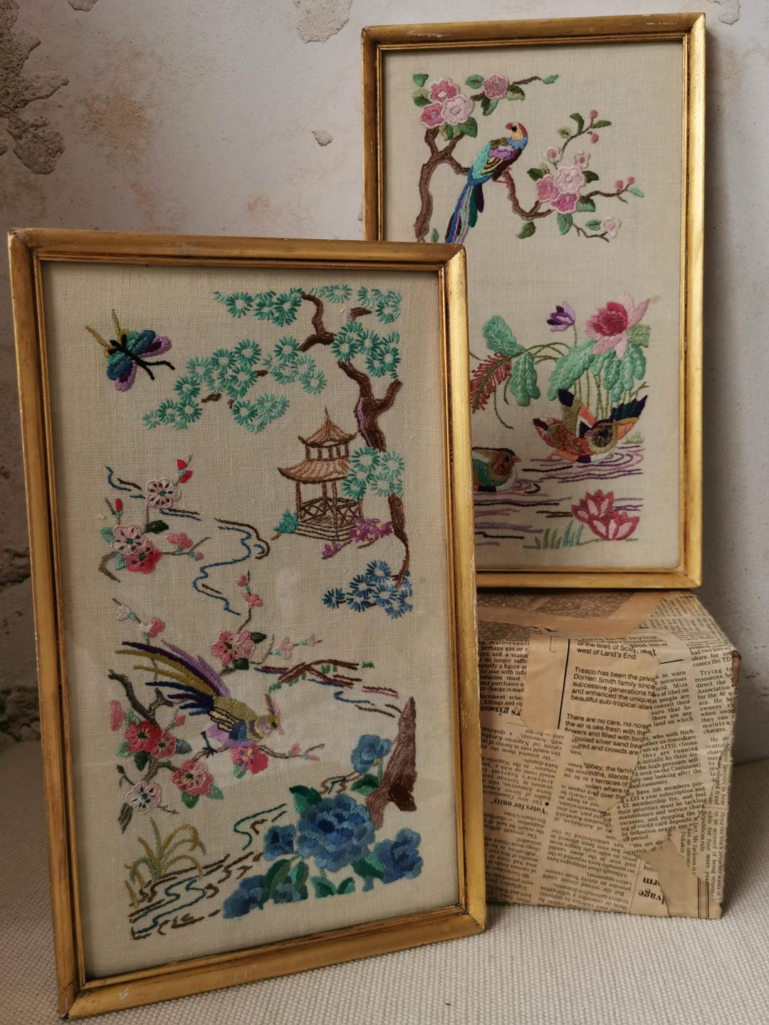 Vintage Oriental Needlepoint Pictures in Gold Leaf Frames - Etsy
