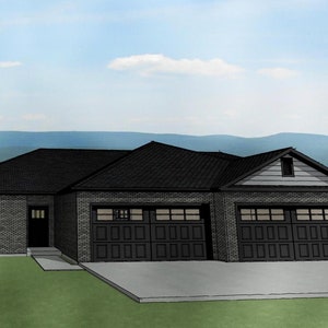 May include: A three-car garage home with a black roof, gray brick exterior, and black garage doors. The home has a single front door and two windows on the front facade. The home is situated on a grassy lawn with a paved driveway.