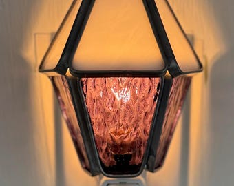 Two-Tone Violet Purple Ripple & White Leaded Stained Glass Lantern Night Light