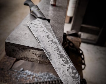 The “Welder” - Hand Forged Damascus K-Tip Gyuto style Chef Knife with Wooden Saya