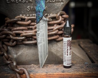 The “Tinkerbell” Fossil/Canister Damascus Tanto EDC Knife