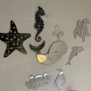Sea Life Animals, Mirror Acrylic Turtle, Dolphin, Whale, Seahorse , Penguin, Octopus, Starfish ideal for Nursery or Bathroom
