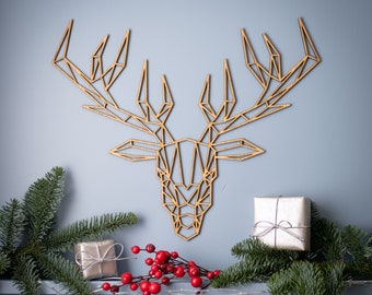 Geometric Deer Head Wall Art: Laser Cut Oak Veneer Decor