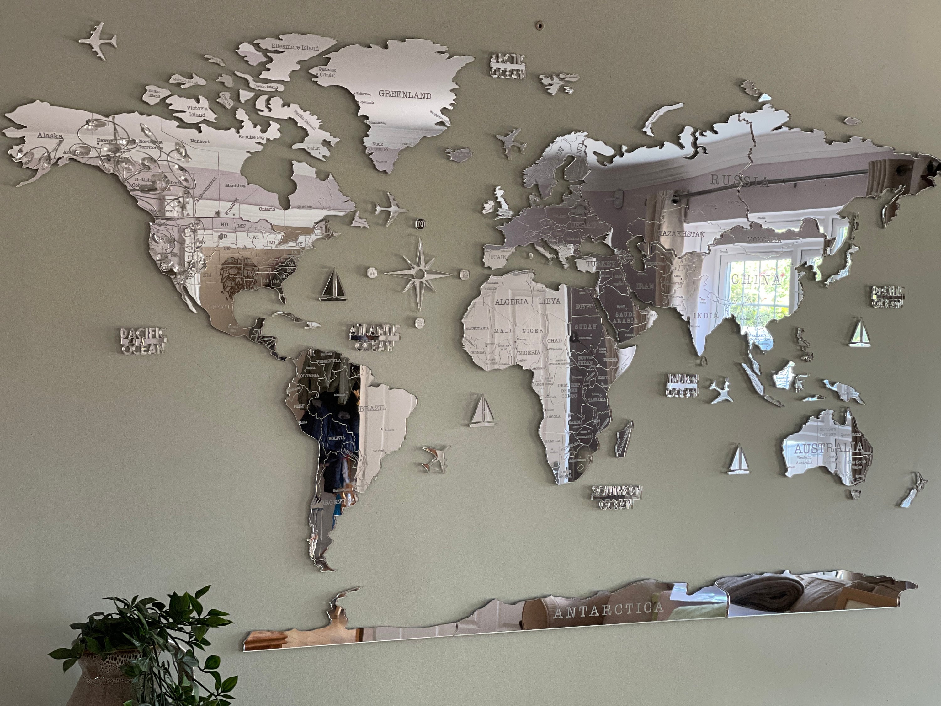 Silver Mirror World Map Wall Art Map of the World - Etsy UK