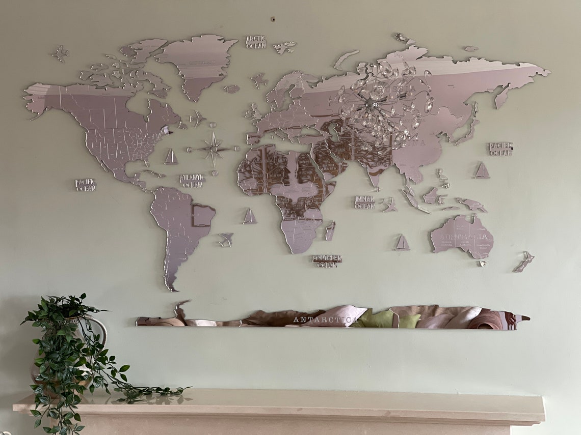 Silver Mirror World Map Wall Art Map of the World - Etsy UK