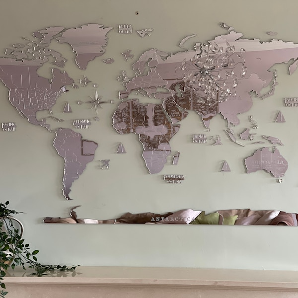 Silver Mirror World Map Wall Art, Map of the World