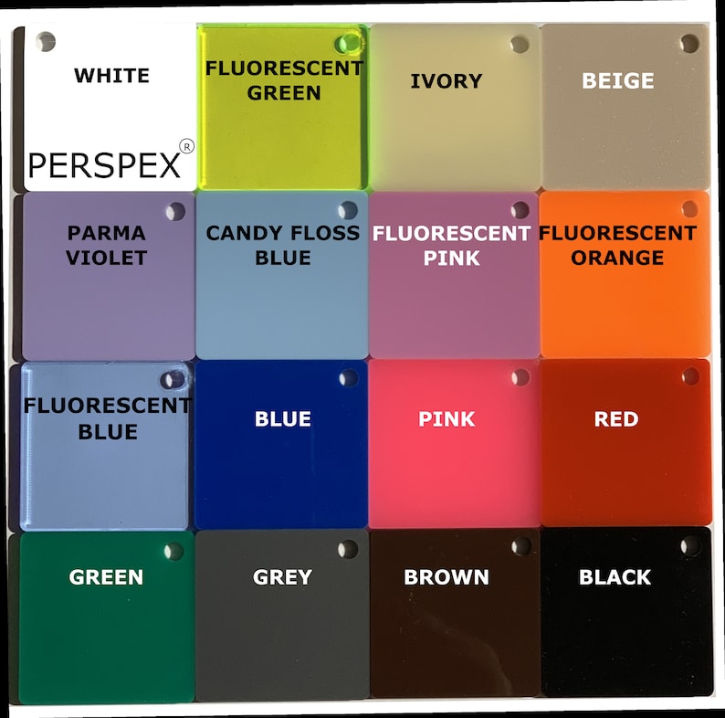 May include: A color chart of Perspex acrylic sheets in various colors, including white, ivory, beige, fluorescent green, parma violet, candy floss blue, fluorescent pink, fluorescent orange, fluorescent blue, blue, pink, red, green, grey, brown, and black.
