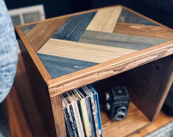 Watchtower Record Storage Cabinet Single Vinyl Console Accent End Table Media Center Herringbone Modern Furniture