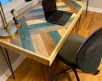 Hemingway Herringbone Writing Desk | Solid Wood Farmhouse Home Office Workstation | Modern Rustic Handcrafted Furniture