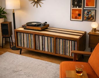 Fly Me To The Moon Record Cabinet | Vinyl Player Stand Console | Midcentury Media Storage Display Stereo Furniture