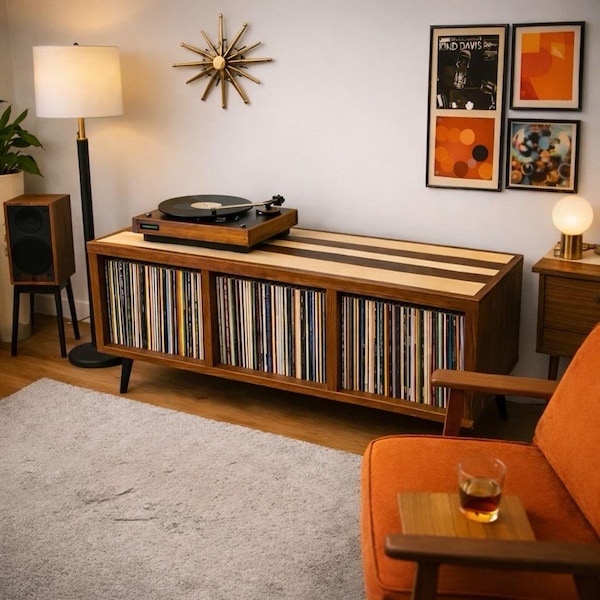 Fly Me To The Moon Record Cabinet | Vinyl Player Stand Console | Midcentury Media Storage Display Stereo Furniture