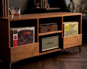 Low Rider Solid Wood Vinyl Record Cabinet | Mid Century Modern Storage Console with Sliding Drawers & Turntable Stand
