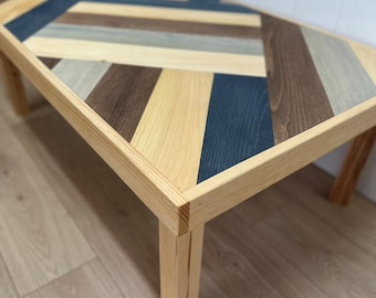 Handmade Deepwater Coffee Table - Solid Wood Farmhouse Furniture with Signature Element Pattern Midnight Blue Walnut Oak