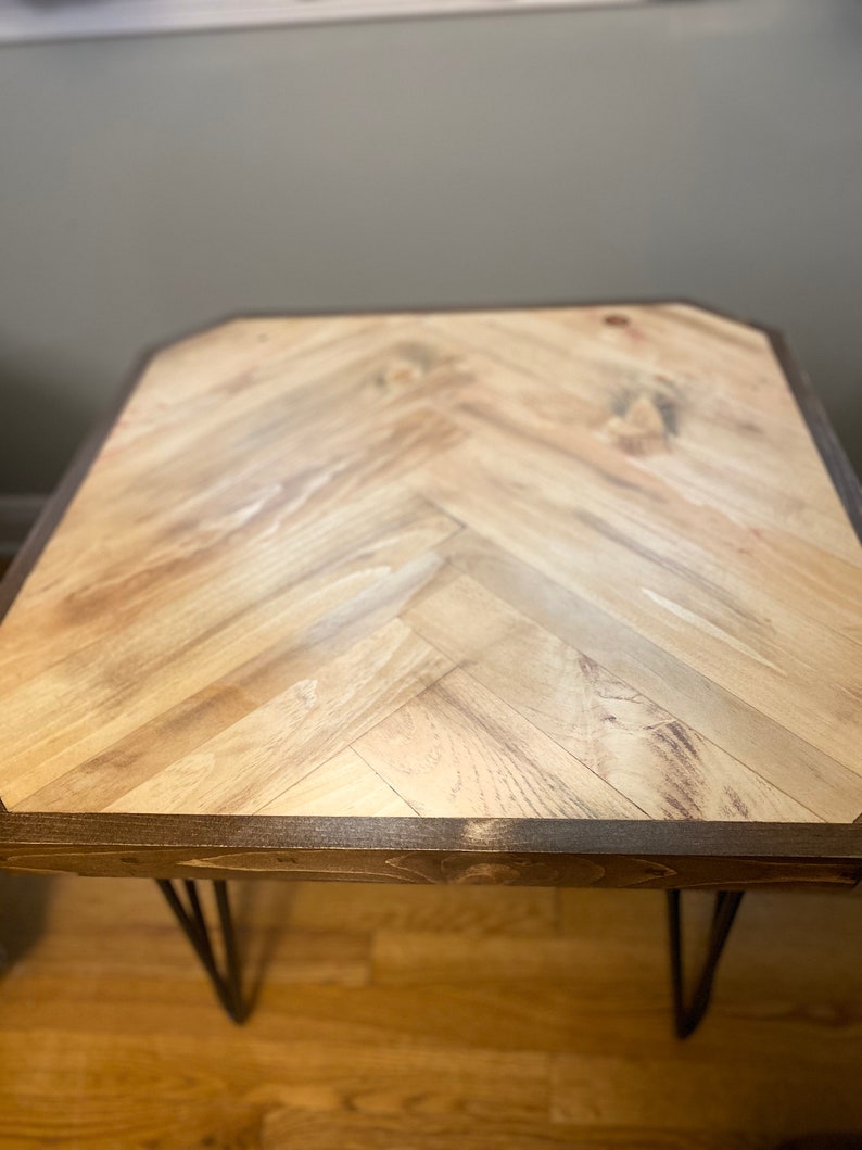 Wood Side Table Rustic Wood Table Herringbone Table Etsy