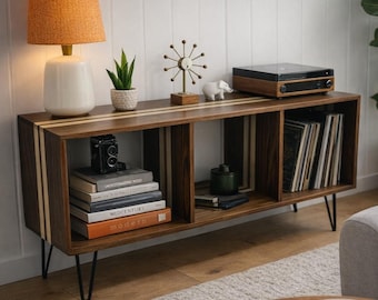 Pipeline Vinyl Record Cabinet - Mid Century Modern Player Stand - Handmade Hardwood LP Storage Media Console
