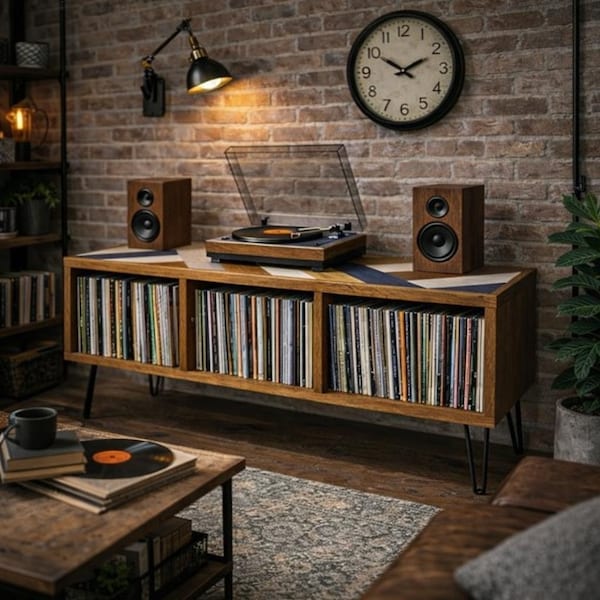 Kashmir Record Storage Cabinet Player Stand Console Table Farmhouse Rustic Wood Furniture Display Shelf Vinyl Organizer