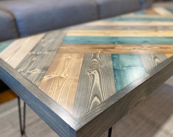Teal Moss Wood Coffee Table Modern Farmhouse Rustic Living Room Furniture Coastal Beach House Decor