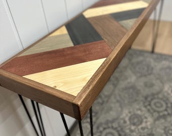 Colorful Wood Inlay Console Table Hairpin Legs Rustic Modern Entry Foyer Handmade Furniture - The Garrison
