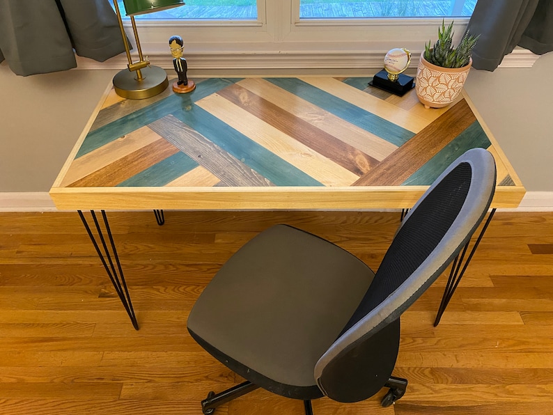 Hemingway Herringbone Writing Desk | Solid Wood Farmhouse Home Office Workstation | Modern Rustic Handcrafted Furniture image 5