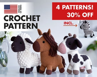 CROCHET PATTERN - 4 patterns in one set: Sheep, Cow, Zebra + Horse - Amigurumi crochet PDF pattern - English only