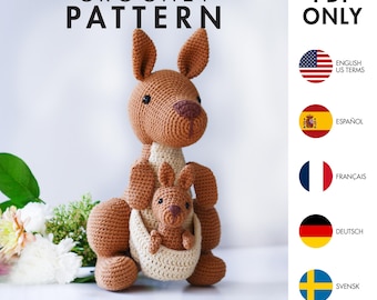 Crochet Pattern - Kangaroo and baby - Amigurumi (PDF diy description - English, Français, Español, Deutsch, Svensk)