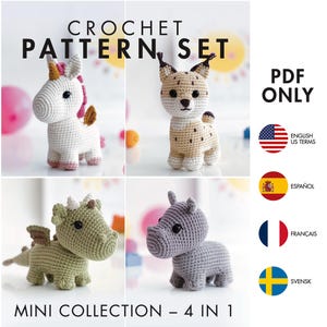 Crochet Pattern - Mini Collection - Amigurumi Unicorn, Lynx, Dragon, Hippo (PDF diy description - English, Español, Français, Svensk)