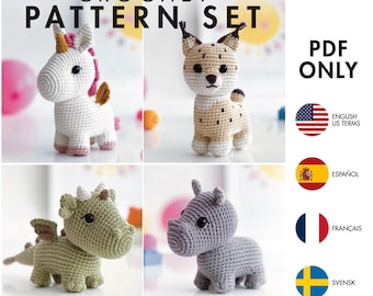 Crochet Pattern - Mini Collection - Amigurumi Unicorn, Lynx, Dragon, Hippo (PDF diy description - English, Español, Français, Svensk)